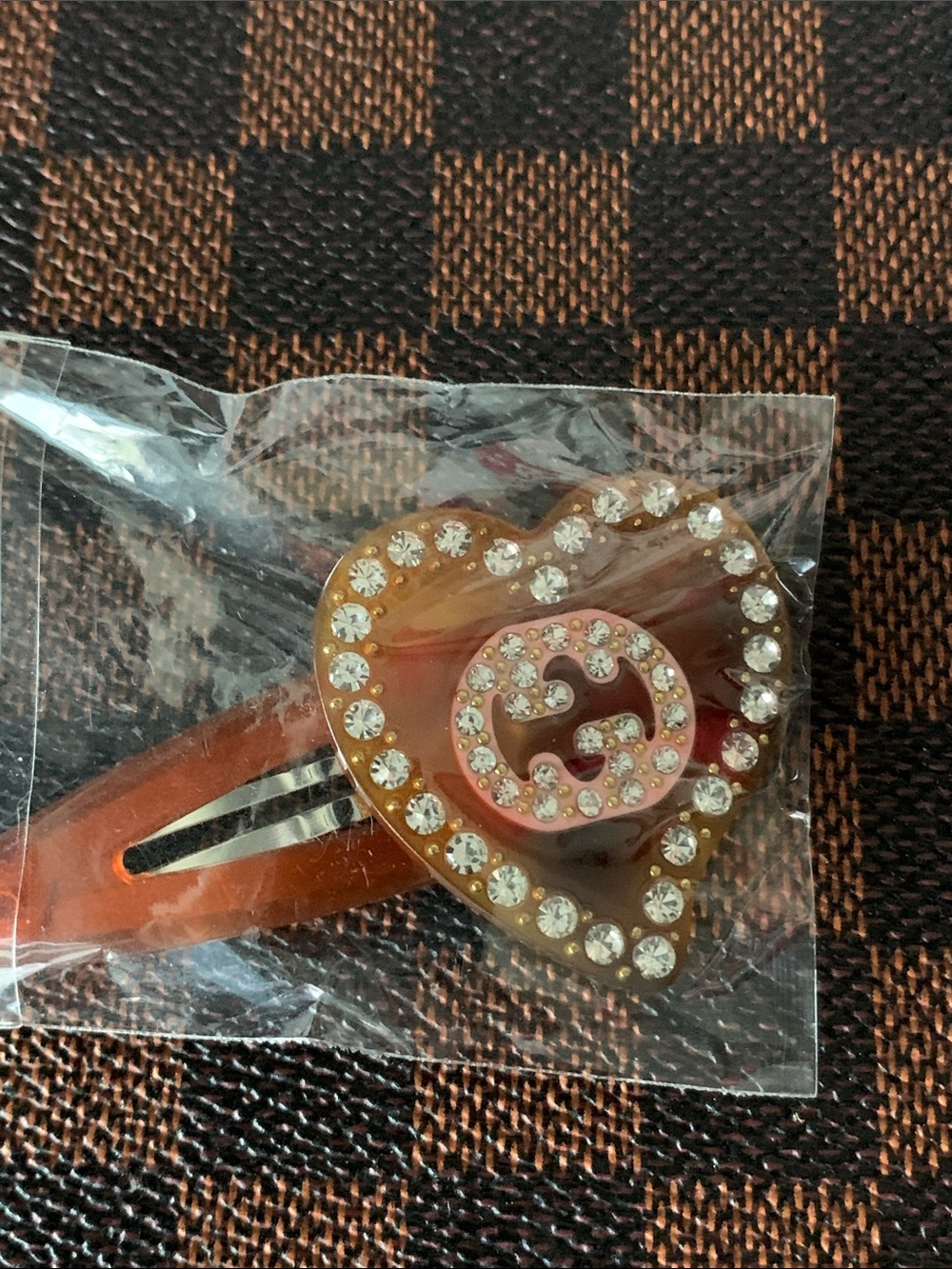 NEW! Gucci Crystal Heart Hair Clip in Brown